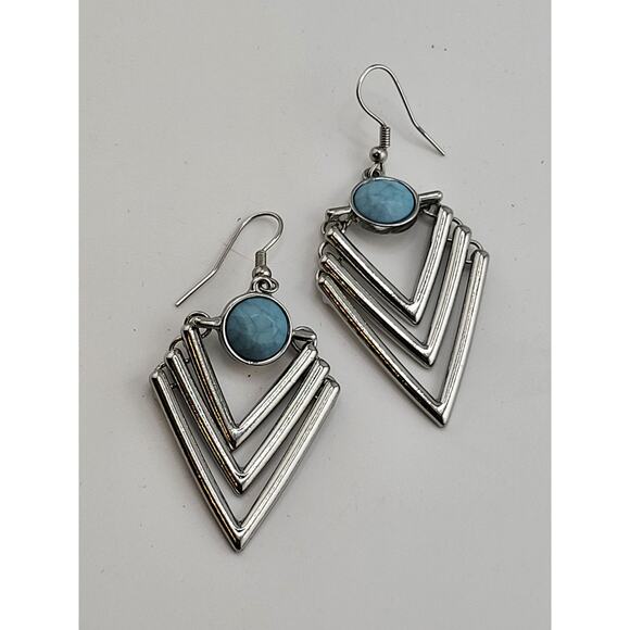 Silver Tone Turquoise Style Geometric Drop Earrings Boho Layered Dangle - Picture 2 of 6